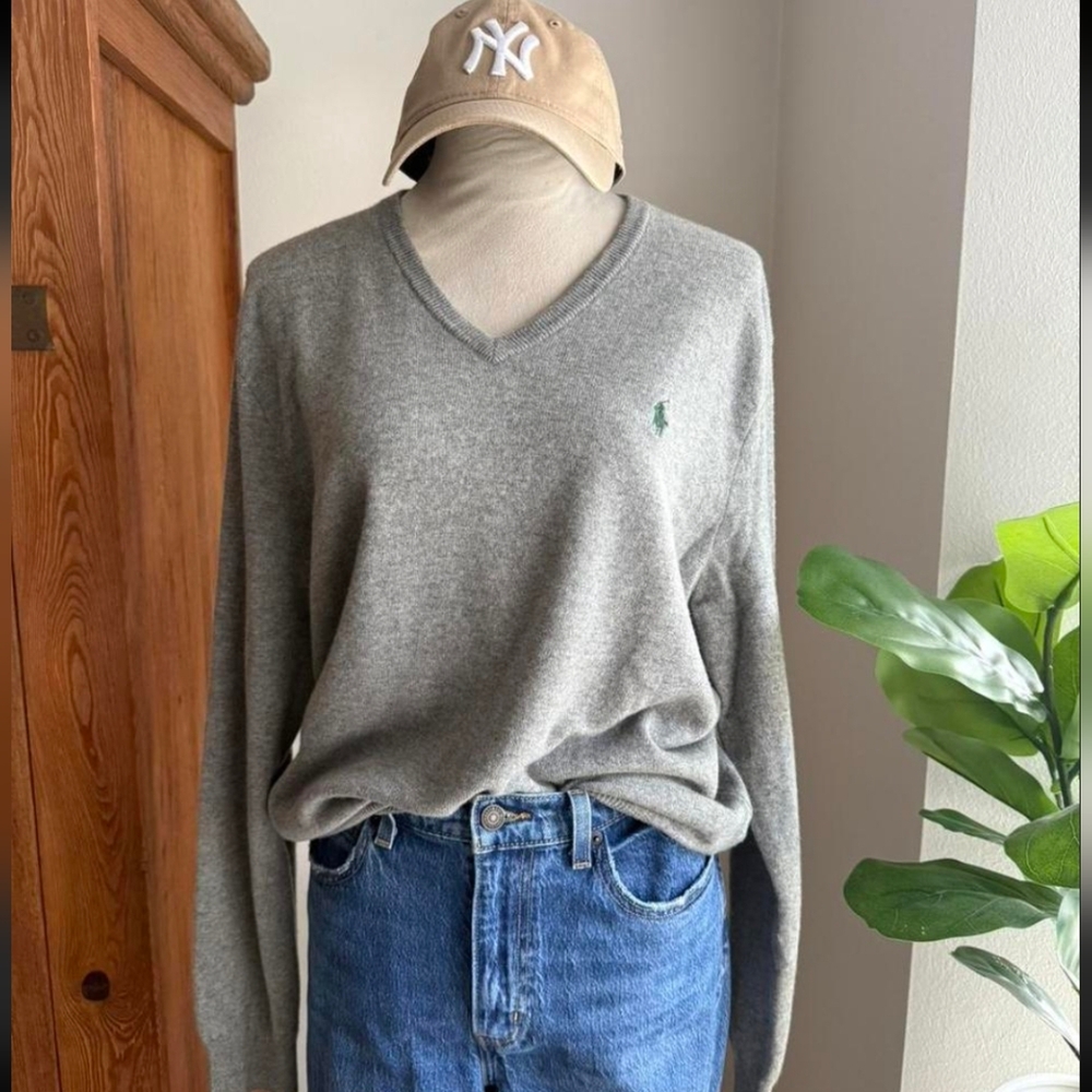 Polo Ralph Lauren Gray V-Neck Sweater Pima Cotton V-Neck Long Sleeve Logo Men L